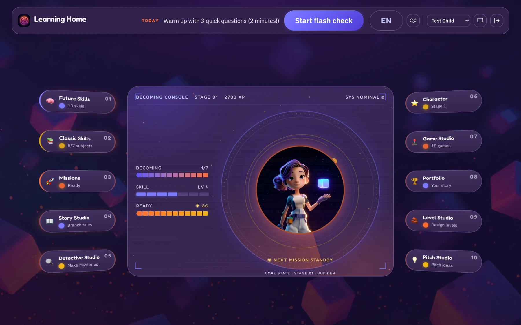 The Globeskool Becoming Console, a child's Learning Home: their character in the core showing stage and skill progress, the day's mission, a Learning Twin note, and console keys for Future Skills, Classic Subjects, Missions, the five studios, Character and Portfolio.